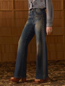MOTF STUDIO Celana Jeans Flare Gaya Liburan Kasual Vintage Wanita dengan Dekorasi Rhinestone dan Washed - Biru - View 2