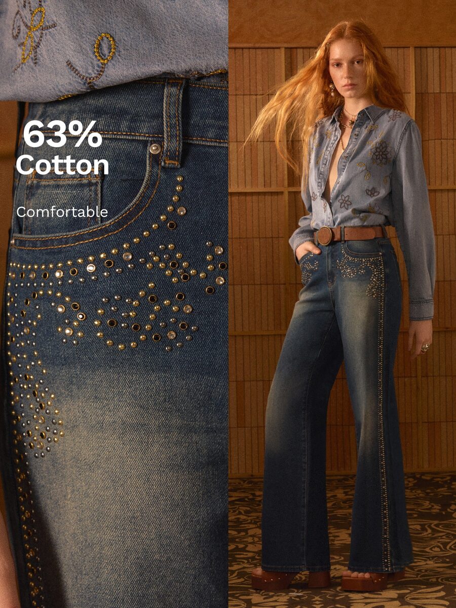 MOTF STUDIO Celana Jeans Flare Gaya Liburan Kasual Vintage Wanita dengan Dekorasi Rhinestone dan Washed - Biru - View 1