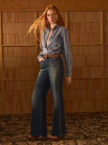 MOTF STUDIO Celana Jeans Flare Gaya Liburan Kasual Vintage Wanita dengan Dekorasi Rhinestone dan Washed - Biru - View 6
