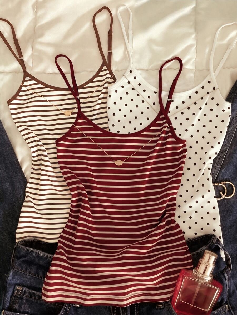 SHEIN Teen Girl 3pcs Pieces Set Casual Slim Fit Camisole Top, Suitable For Spring, Summer, Autumn, Winter - Multicolor - View 1
