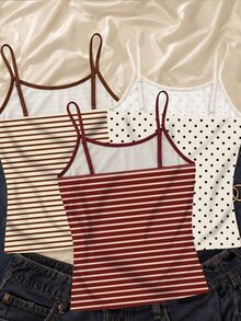 SHEIN Teen Girl 3pcs Pieces Set Casual Slim Fit Camisole Top, Suitable For Spring, Summer, Autumn, Winter - Multicolor - View 2
