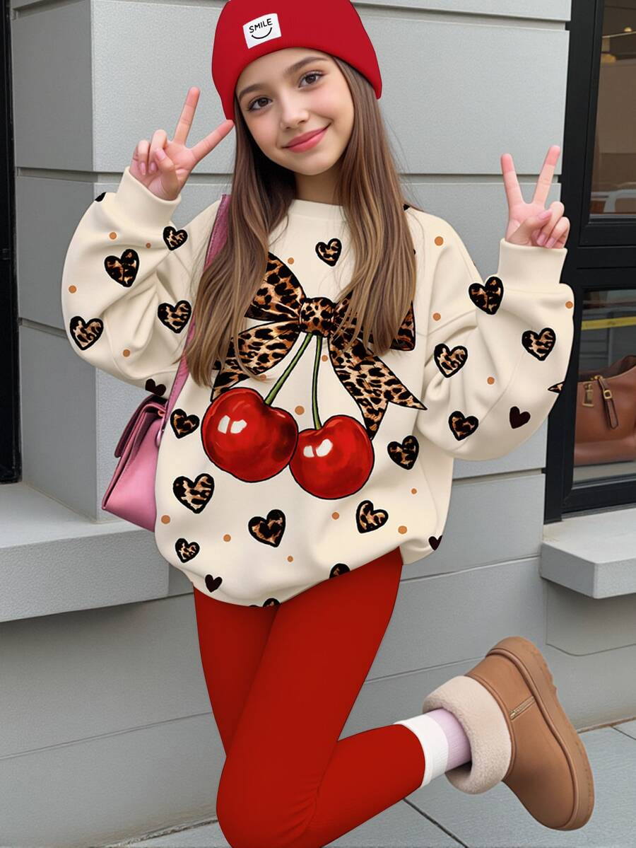 Tween女孩休閒可愛愛心豹紋、蝴蝶結櫻桃、美式復古紅奶油色系，圓領休閒落肩衛衣與修身內搭褲2件套，舒適秋冬款，秋季新品