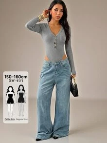 SHEIN PETITE Solid Color Front Button Long Sleeve Casual Bodysuit,Fall/Winter ,Petite Women - Grey - View 8