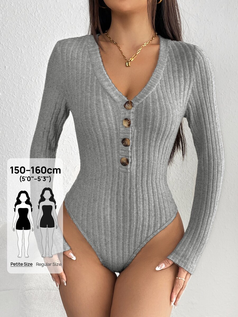 SHEIN PETITE Solid Color Front Button Long Sleeve Casual Bodysuit,Fall/Winter ,Petite Women - Grey - View 1