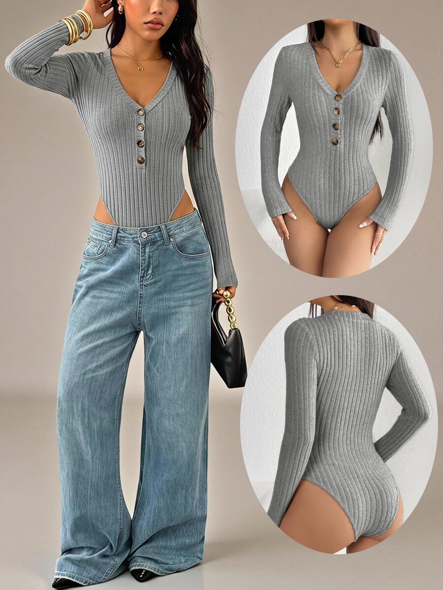SHEIN PETITE Solid Color Front Button Long Sleeve Casual Bodysuit,Fall/Winter ,Petite Women - Grey - View 1