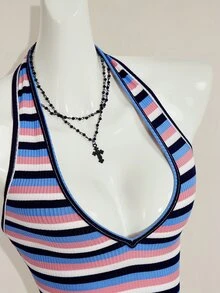 SHEIN ICON Sexy Deep V-Neck Blue And White Stripe Striped Tight Camisole, Summer Top Going Out - Multicolor - View 8