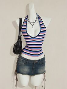 SHEIN ICON Sexy Deep V-Neck Blue And White Stripe Striped Tight Camisole, Summer Top Going Out - Multicolor - View 5