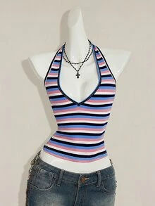 SHEIN ICON Sexy Deep V-Neck Blue And White Stripe Striped Tight Camisole, Summer Top Going Out - Multicolor - View 3
