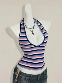SHEIN ICON Sexy Deep V-Neck Blue And White Stripe Striped Tight Camisole, Summer Top Going Out - Multicolor - View 7