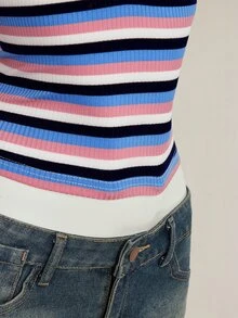 SHEIN ICON Sexy Deep V-Neck Blue And White Stripe Striped Tight Camisole, Summer Top Going Out - Multicolor - View 9