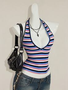 SHEIN ICON Sexy Deep V-Neck Blue And White Stripe Striped Tight Camisole, Summer Top Going Out - Multicolor - View 6