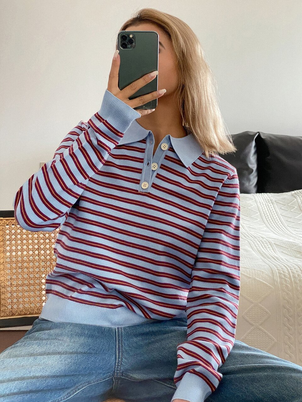 Women's Contrast Color Retro Striped Polo Long Sleeve Casual Vacation Streetwear Spring Autumn Knit Sweater