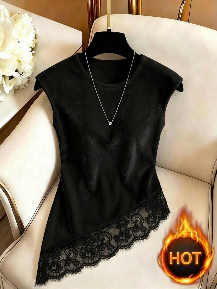 SHEIN Franclia Y2K Pure Desire Style Ladies Dark Velvet Sleeveless Cami Top Round Neck Side Waist Gathered Ruched Asymmetrical Diagonal Bottom Hem Floral Scalloped - Black - View 1