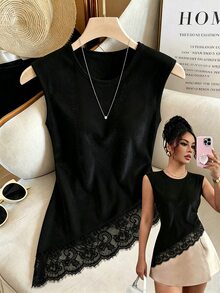 SHEIN Franclia Y2K Pure Desire Style Ladies Dark Velvet Sleeveless Cami Top Round Neck Side Waist Gathered Ruched Asymmetrical Diagonal Bottom Hem Floral Scalloped - Black - View 3