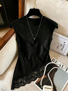 SHEIN Franclia Y2K Pure Desire Style Ladies Dark Velvet Sleeveless Cami Top Round Neck Side Waist Gathered Ruched Asymmetrical Diagonal Bottom Hem Floral Scalloped - Black - View 5