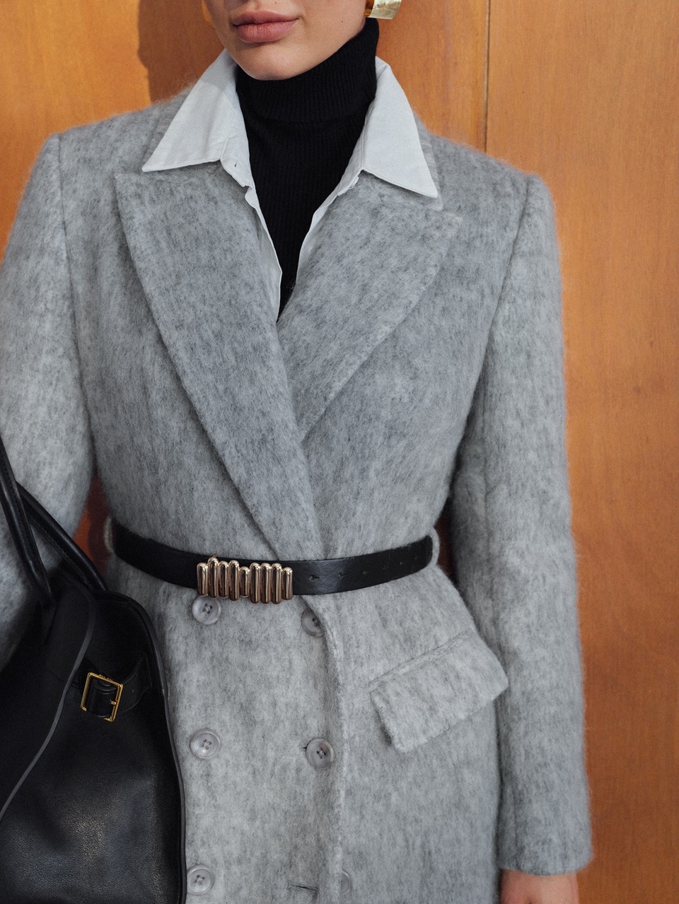 MOTF WOOL BLEND LIGHT GRAY LONG OVERCOAT WITH ASYMMETRICAL METAL BELT, AUTUMN/WINTER