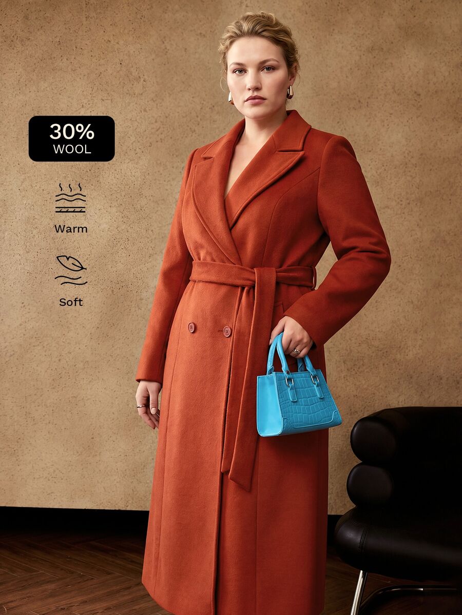 MOTF PREMIUM PLUS AUTUMN/WINTER WOOL FITTED BELTED OVERCOAT - Burnt Orange - View 1