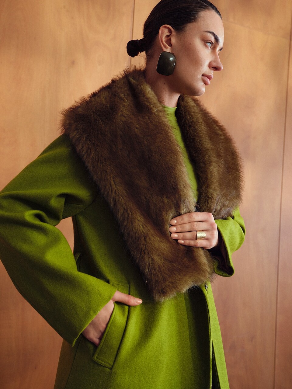 MOTF ELEGANT WOOL BLEND TWEED & FAUX FUR PATCHWORK MID-LENGTH OVERCOAT, AUTUMN/WINTER