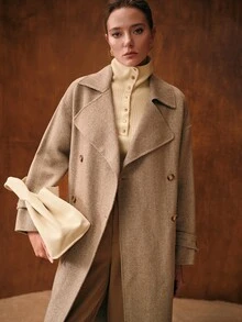 MOTF PREMIUM WOOL HERRINGBONE DOUBLE BREASTED OVERCOAT - Coffee Brown - View 3