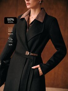 MOTF WOMEN'S AUTUMN/WINTER BLACK OVERSIZED LAPEL BELTED LONG OVERCOAT - Black - View 1