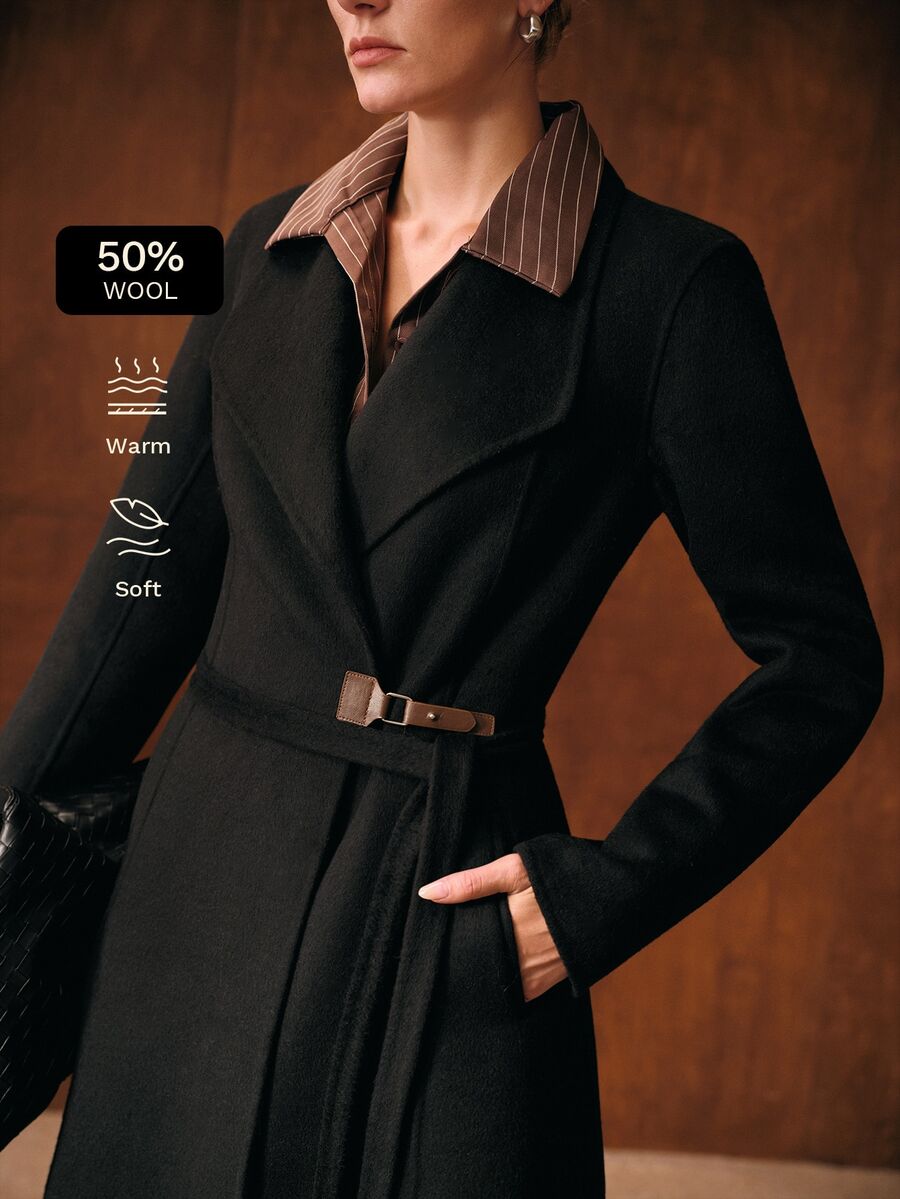 MOTF WOMEN'S AUTUMN/WINTER BLACK OVERSIZED LAPEL BELTED LONG OVERCOAT - Black - View 1