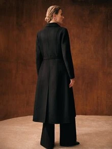 MOTF WOMEN'S AUTUMN/WINTER BLACK OVERSIZED LAPEL BELTED LONG OVERCOAT - Black - View 7