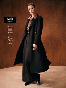 MOTF WOMEN'S AUTUMN/WINTER BLACK OVERSIZED LAPEL BELTED LONG OVERCOAT - Black - View 2