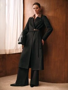MOTF WOMEN'S AUTUMN/WINTER BLACK OVERSIZED LAPEL BELTED LONG OVERCOAT - Black - View 3