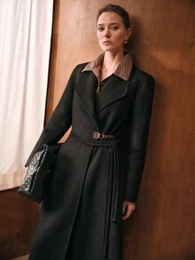 MOTF WOMEN'S AUTUMN/WINTER BLACK OVERSIZED LAPEL BELTED LONG OVERCOAT - Black - View 4