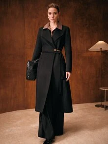 MOTF WOMEN'S AUTUMN/WINTER BLACK OVERSIZED LAPEL BELTED LONG OVERCOAT - Black - View 5
