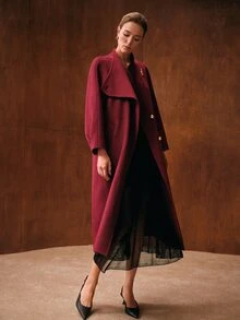 MOTF PREMIUM WOMEN'S AUTUMN/WINTER SOLID COLOR WRAP METAL BUCKLE OPEN FRONT BELTED LONG OVERCOAT - Red Violet - View 3