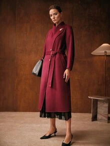 MOTF PREMIUM WOMEN'S AUTUMN/WINTER SOLID COLOR WRAP METAL BUCKLE OPEN FRONT BELTED LONG OVERCOAT - Red Violet - View 5