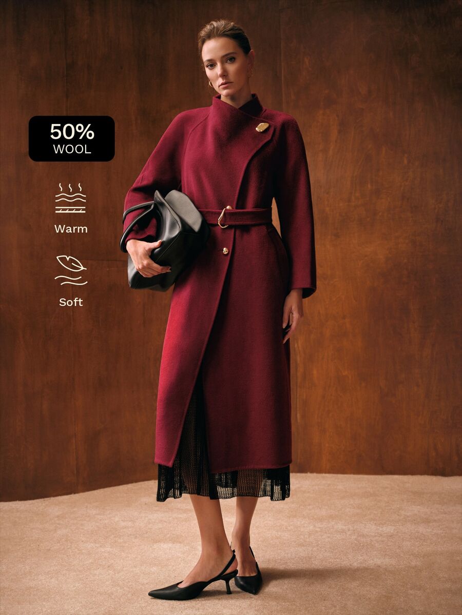 MOTF PREMIUM WOMEN'S AUTUMN/WINTER SOLID COLOR WRAP METAL BUCKLE OPEN FRONT BELTED LONG OVERCOAT - Red Violet - View 2