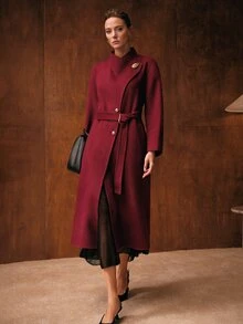 MOTF PREMIUM WOMEN'S AUTUMN/WINTER SOLID COLOR WRAP METAL BUCKLE OPEN FRONT BELTED LONG OVERCOAT - Red Violet - View 6
