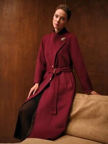 MOTF PREMIUM WOMEN'S AUTUMN/WINTER SOLID COLOR WRAP METAL BUCKLE OPEN FRONT BELTED LONG OVERCOAT - Red Violet - View 4