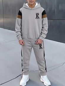 兒童青少年男孩休閒極簡長袖連帽舒適運動衫 2 件套，適合秋冬 - 彩色 - 查看 1