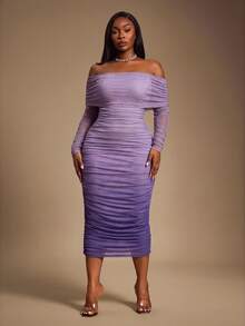 Radiana Curve Plus Size Elegant Sexy Off-Shoulder Gradient Ruched Fitted Dress Autumn Party Night Cocktail Purple - Purple - View 5