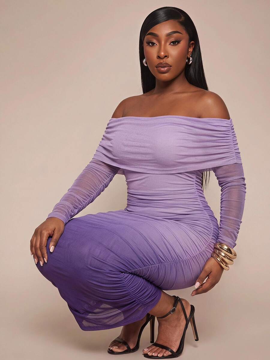 Radiana Curve Plus Size Elegant Off-Shoulder Gradient Ruched Fitted Dress Fall - Purple - View 1