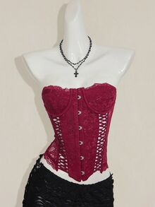 SHEIN ICON Women's Burgundy Goth Party Sexy Going Out Solid Color Fitted Sexy Lace Camisole Top - Burgundy - View 4