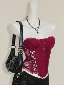 SHEIN ICON Women's Burgundy Goth Party Sexy Going Out Solid Color Fitted Sexy Lace Camisole Top - Burgundy - View 3