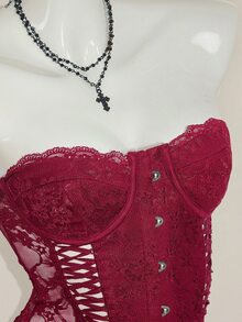 SHEIN ICON Women's Burgundy Goth Party Sexy Going Out Solid Color Fitted Sexy Lace Camisole Top - Burgundy - View 8