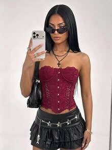 SHEIN ICON Women's Burgundy Goth Party Sexy Going Out Solid Color Fitted Sexy Lace Camisole Top - Burgundy - View 1