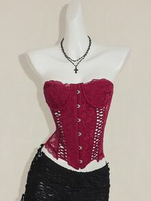 SHEIN ICON Women's Burgundy Goth Party Sexy Going Out Solid Color Fitted Sexy Lace Camisole Top - Burgundy - View 6