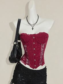 SHEIN ICON Women's Burgundy Goth Party Sexy Going Out Solid Color Fitted Sexy Lace Camisole Top - Burgundy - View 10