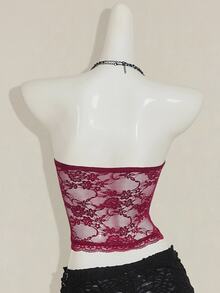 SHEIN ICON Women's Burgundy Goth Party Sexy Going Out Solid Color Fitted Sexy Lace Camisole Top - Burgundy - View 2