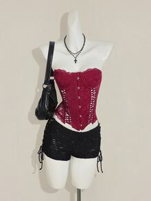 SHEIN ICON Women's Burgundy Goth Party Sexy Going Out Solid Color Fitted Sexy Lace Camisole Top - Burgundy - View 5
