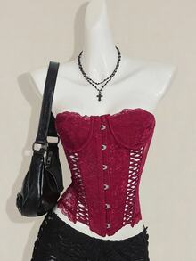 SHEIN ICON Women's Burgundy Goth Party Sexy Going Out Solid Color Fitted Sexy Lace Camisole Top - Burgundy - View 11