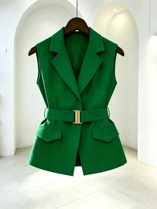 GlowEve CURVE Plus Size Fashionable Elegant Solid Color Intellectual Style Mature Vest & Long Pants Suit Set - Green - View 3