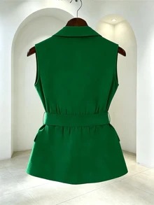 GlowEve CURVE Plus Size Fashionable Elegant Solid Color Intellectual Style Mature Vest & Long Pants Suit Set - Green - View 2