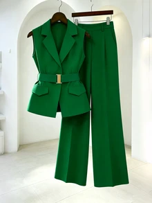 GlowEve CURVE Plus Size Fashionable Elegant Solid Color Intellectual Style Mature Vest & Long Pants Suit Set - Green - View 4